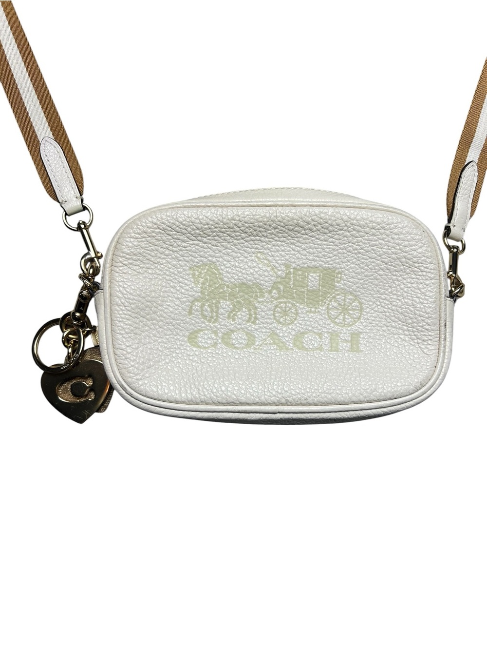 Coach Pebbled Leather Ivory Crossbody Bag with Tan Strap